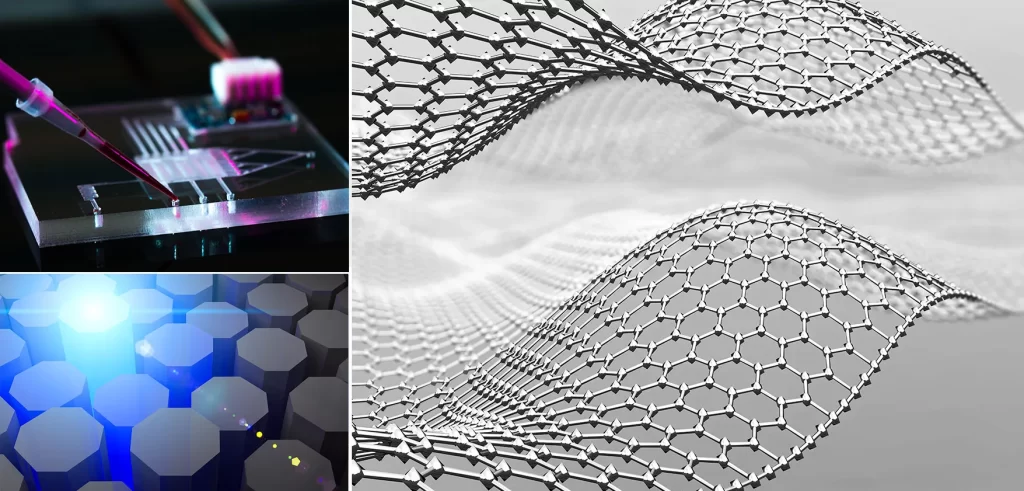 Nanofabrication illustration with microchip pipette, graphene lattice waves, and nanoscale hexagonal structures glowing blue.