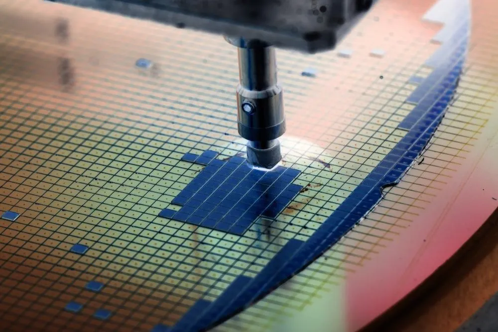High-precision machining tool working on a semiconductor wafer with microchip patterns.