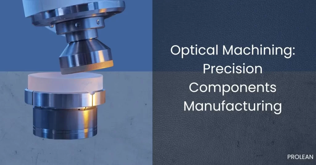 Industrial optical machining equipment grinding a transparent lens blank with the text “Optical Machining: Precision Components Manufacturing” with “Prolean” written in the left corner.