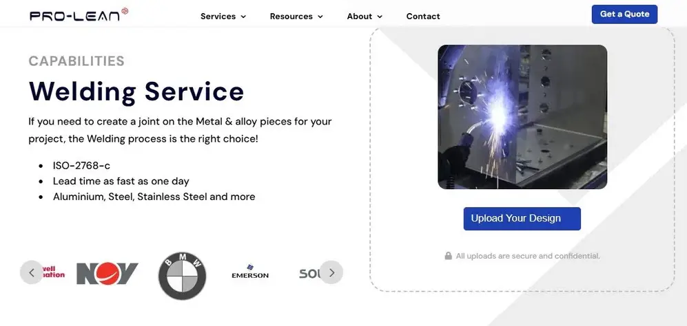A Showcase of Prolean Tech’s welding service capabilities.  It highlights welding standards, metal options, and lead times.