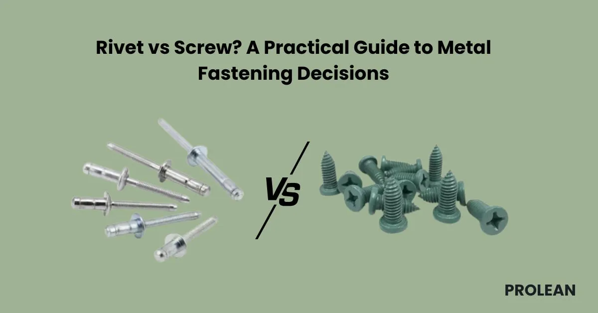 A feature image with rivets and screws in comparison with text “Rivet vs Screw? A Practical Guide to Metal Fastening Decisions” and “Prolean” in the corner.