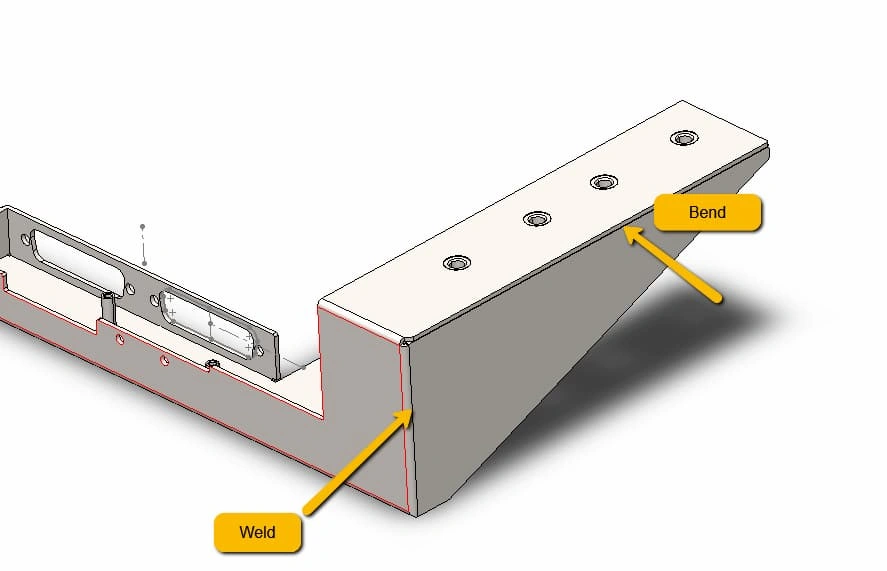 An image illustrating the 3D design of a steel part, indicating bend and weld. 