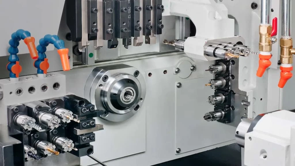 An image showing the tool setup of a Swiss screw machine 