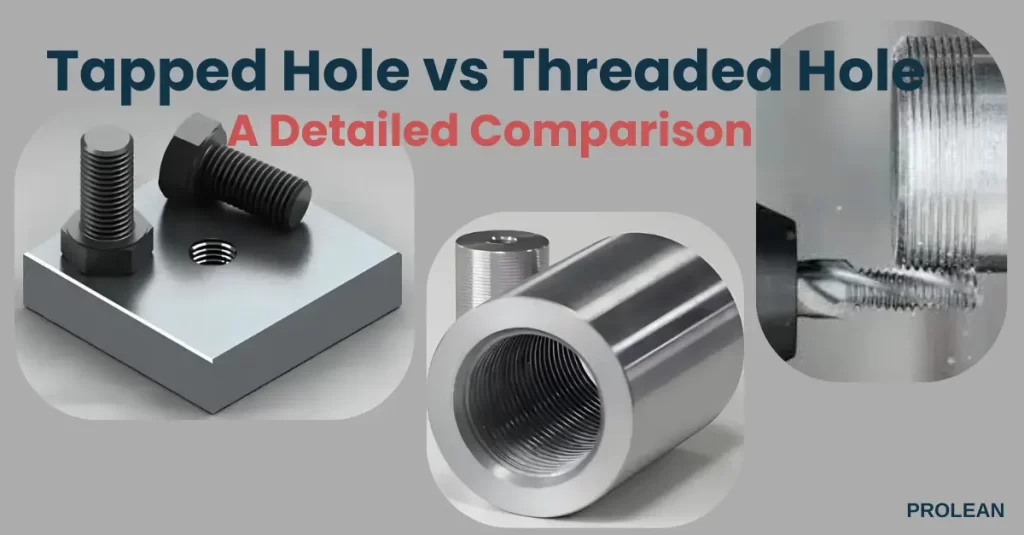 Tapped hole vs threaded hole comparison with bolts and machining visuals.