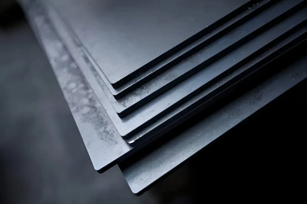 Titanium metal sheets stacked together, showing their smooth surfaces.