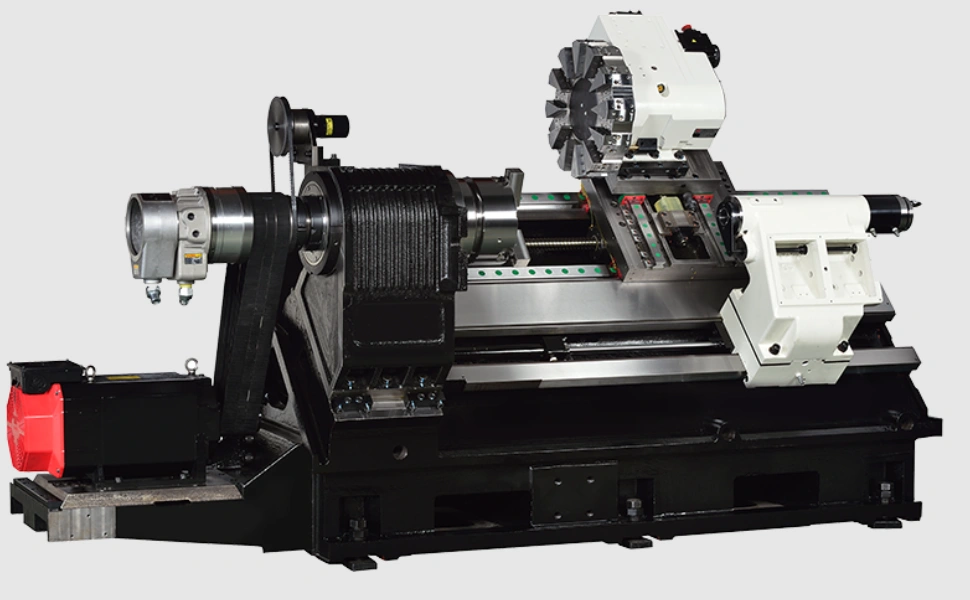 CNC lathe machine with spindle chuck and cutting tool turret