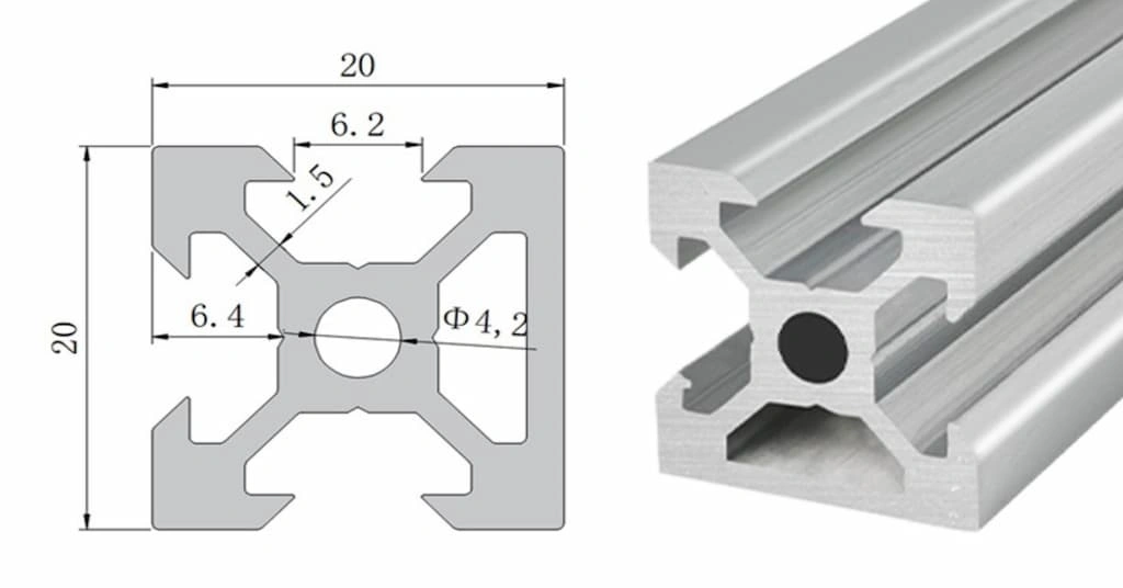 2D drawing of  t slot extrusion at the left and cross section view of the corresponding extruded profile on the right 