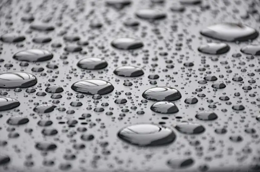 A metal surface covered with water droplets  